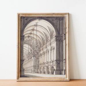 Vintage black and white arch architecture plan art gallery wall, antique architecture drawing, Minimal line art sketch, digital print