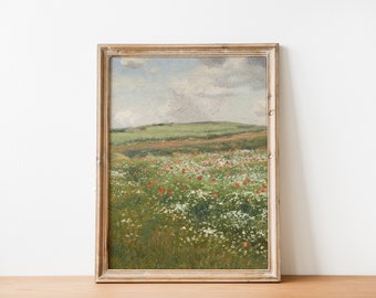 Vintage French Country Cottage Spring Wildflowers Meadow Poppies Landscape Print | French Antique Painting | Farmhouse Decor | DIGITAL PRINT