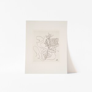 May include: A black and white line drawing of a flower with leaves and stems. The drawing is on a white background.