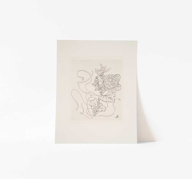 May include: A black and white line drawing of a flower with leaves and stems. The drawing is on a white background.