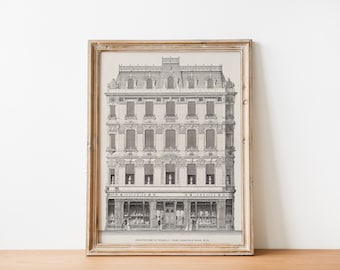 Puede incluir: Ilustración en blanco y negro de un edificio con un escaparate. El edificio tiene una fachada grande y ornamentada con múltiples ventanas y una cornisa decorativa. El escaparate tiene dos ventanas grandes y un letrero que dice "Goldsmith & Jewellers".