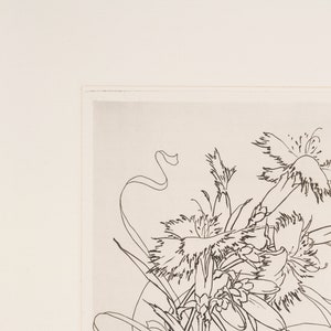 May include: A black and white line drawing of a bouquet of flowers. The flowers are stylised and have a delicate, flowing appearance. The drawing is on a white background.