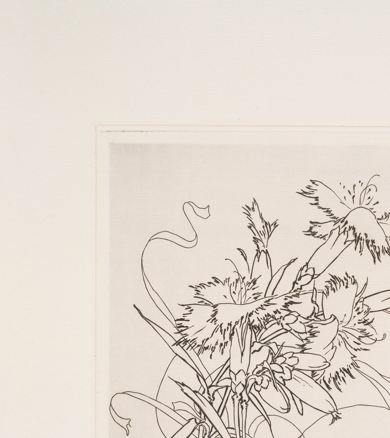 May include: A black and white line drawing of a bouquet of flowers. The flowers are stylised and have a delicate, flowing appearance. The drawing is on a white background.