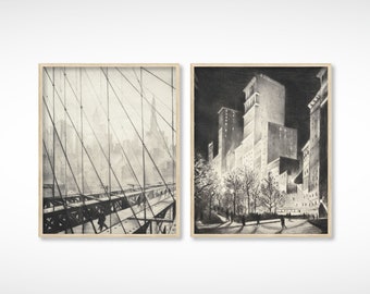 Vintage svartvit skiss av New York Citys skyline, set med 2 teckningar, Brooklyn Bridge, skyskrapa, arkitekturskiss, digitalt tryck, affisch