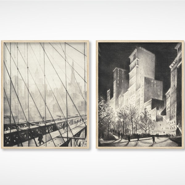 Vintage Black and White New York City Sketch Skyline Set of 2 Drawing Brooklyn Bridge Skyscraper architecture sketch poster digital print