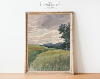May include: A watercolor painting of a landscape with a single tree in the foreground, green hills in the middle ground, and a cloudy sky in the background.