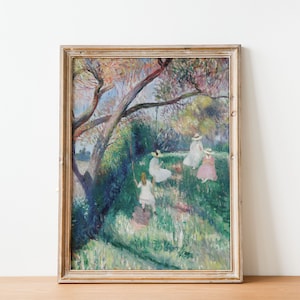 Girls on a Swing Art Print | Victorian Children&#39;s Nursery Antique Art | French Antique Landscape Spring Garden Painting | DIGITAL PRINT