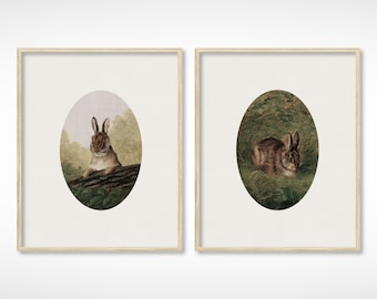 Vintage Bunny Rabbit Set von 2 Cottage Kinderzimmer Kunstdruck Malerei | Kinder Osterhasen Kinderzimmer Antik Kunst | DIGITALDRUCK