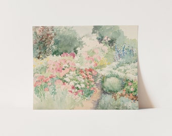 Vintage French Country Cottage Garden Spring Landscape Watercolor | English Garden |  French Antique Farmhouse Painting | Printable Wall Art