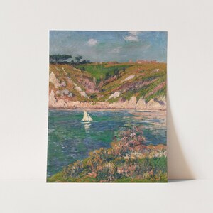 May include: A painting of a seascape with a small sailboat in the water. The water is a vibrant blue-green color and the sky is a light blue with white clouds. The shoreline is a mix of green grass and brown rocks.