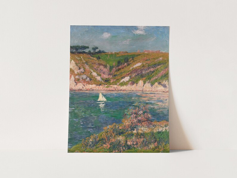 May include: A painting of a seascape with a small sailboat in the water. The water is a vibrant blue-green color and the sky is a light blue with white clouds. The shoreline is a mix of green grass and brown rocks.