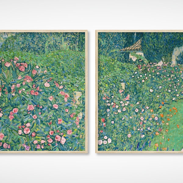 Jardin champ de fleurs impression lot de 2 | Peinture antique de Klimt | peinture de paysage de jardin secret vintage | Art imprimable | IMPRESSION NUMÉRIQUE