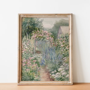 French Country Cottage Landscape Flower Garden Painting | French Antique Garden Print | Farmhouse Painting | DIGITAL PRINT Wall Art