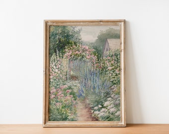 French Country Cottage Landscape Flower Garden Painting | French Antique Garden Print | Farmhouse Painting | DIGITAL PRINT Wall Art