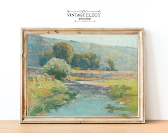 River Painting, Forest Landscape, Meadow Painting, Farmhouse Decor, Vintage Countryside Painting, Antique Art,  DIGITAL PRINT Wall Art
