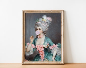 Bubble Gum Victorian Woman Altered Antique Portrait Art | Whimsical Vintage Art | Antique Bridgerton Woman Painting | DIGITAL PRINT Wall Art