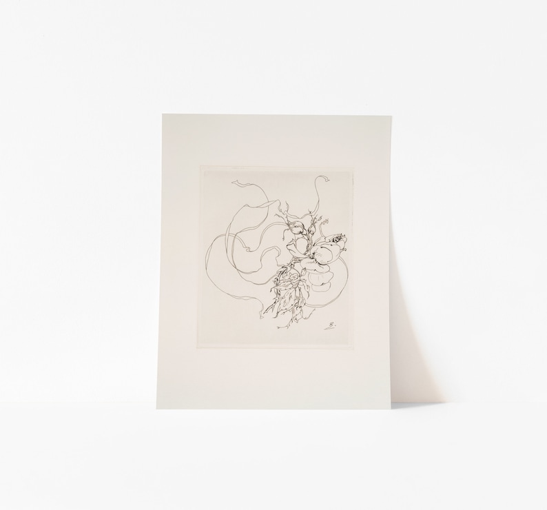May include: A black and white line drawing of a stylised floral arrangement. The drawing is on a white background.
