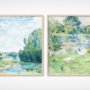 Vintage Duck Pond Vertical Landscape Set of 2 Painting, Printable Nursery Wall Art, Antique French Art Landscape Painting, DIGITAL PRINT
