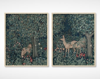 Baby Forest Deers Tapestry Vintage Print Vertical Set of 2 | Antique Garden Landscape Woodland Nursery Boy Room Nature Art | DIGITAL PRINT