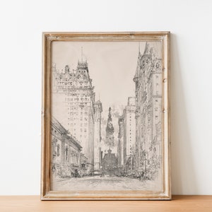 Vintage Black and White New York City Sketch Skyscraper Skyline Drawing antique architecture drawing, city sketch poster, digital print