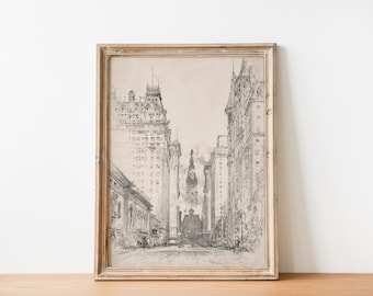 Vintage Black and White New York City Sketch Skyscraper Skyline Drawing antique architecture drawing, city sketch poster, digital print