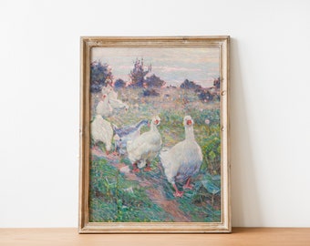 Happy Little Ducks Painting, Printable Mother Goose Garden Nursery Wall Art, Antique Landscape Painting, Vintage Nature Print DIGITAL PRINT