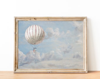 Vintage Whimsical Hot Air Balloon Cottage Nursery Art Print Cloud Painting | Boy's Room Children's Nursery Decor | DIGITAL PRINT Wall Art