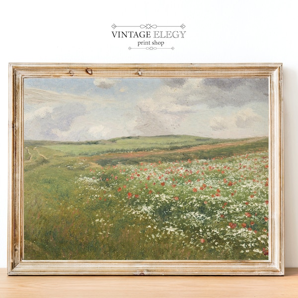 Vintage French Country Cottage Spring Wildflowers Meadow Poppies Landscape Print | French Antique Painting | Farmhouse | DIGITAL PRINT