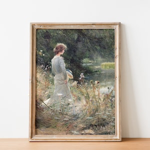 Vintage French Country Cottage Garden Meadow Painting | French Antique Landscape | Victorian Woman Painting | DIGITAL PRINT Wall Art