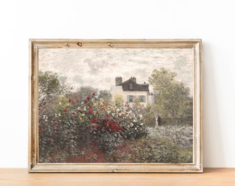 Vintage French Country Cottage Landscape Rose Flower Garden Painting | French Antique Oil Painting | English Rose Garden | DIGITAL PRINT