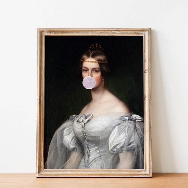 Bubble Gum Victorian Frau Antik Portrait Kunst verändert | Wunderliche Vintage Kunst | Antike Bridgerton Frau Malerei | DIGITALDRUCK Wandkunst
