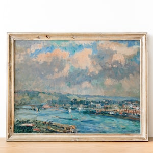 French Victorian Waterfront Painting | French Antique Art | Vintage Landscape Wall Art | DIGITAL PRINT Wall Art