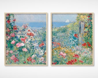 French Country Cottage Landscape Flower Garden Painting Set of 2 | French Antique Garden Print | Farmhouse Painting | DIGITAL PRINT Wall Art