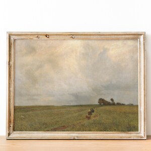 Peinture de paysage de chalet de campagne de nuages de tempête de pluie | peinture de ferme de prairie antique vintage | IMPRESSION NUMÉRIQUE