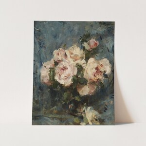 May include: A painting of a bouquet of pink roses in a vase on a blue background.