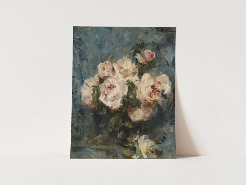 May include: A painting of a bouquet of pink roses in a vase on a blue background.