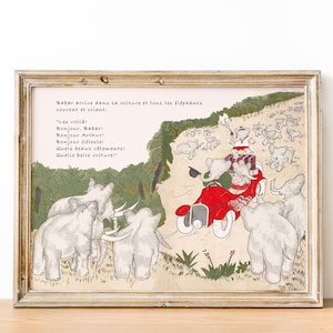 Babar the Elephant Vintage French Cottage Nursery Book Art Print | Wystrój pokoju dziecięcego dla chłopców | CYFROWY WYDRUK Sztuka ścienna