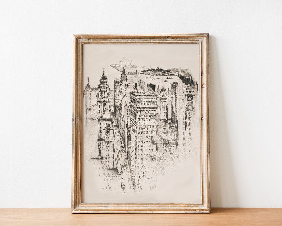 Vintage Black and White New York City Sketch Skyscraper Skyline Drawing ...