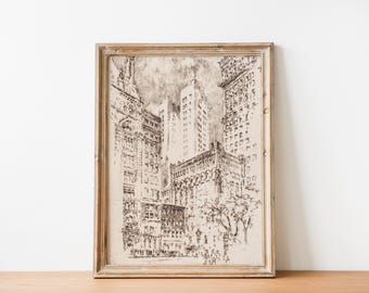Vintage Black and White New York City Sketch Skyscraper Skyline Drawing antique architecture drawing, city sketch poster, digital print