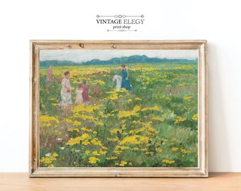 Vintage Franse Country Cottage Weide Bloementuin Lente Landschap Schilderij | Boerderij | DIGITALE PRINT kunst aan de muur