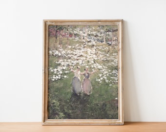 French Antique Country Cottage Victorian Woman Flower Garden Landscape Painting | DIGITAL PRINT Wall Art