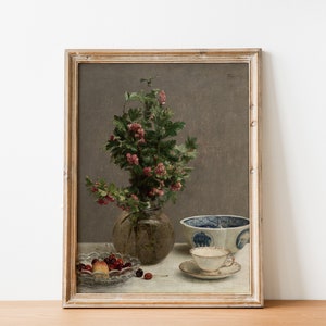 French Country Cottage Rose Flower Kitchen Tea Time Painting | French Antique Victorian Floral Print | DIGITAL PRINT Wall Art