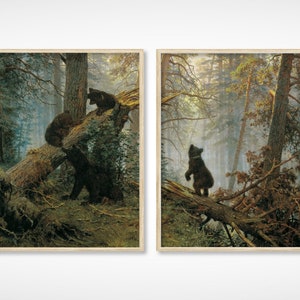 Baby Bears in Forest Painting Vertical Set of 2 | Antique Landscape Woodland Theme Nursery Boy&#39;s Room Nature Art | DIGITAL PRINT Wall Art