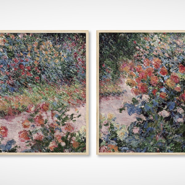 French Country Cottage Landscape Flower Garden Painting Set of 2 | French Antique Garden Print | Farmhouse Painting | DIGITAL PRINT Wall Art