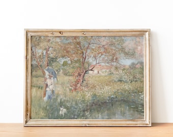 French Country Cottage Victorian Landscape Painting | French Antique English Garden Meadow Painting | DIGITAL PRINT Wall Art