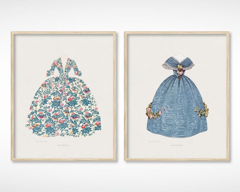 Antique Blue Victorian Dresses Nursery Art Print Set of 2 French Antique Cottage Girl's Room Decor Print Printable DIGITAL PRINT image 1