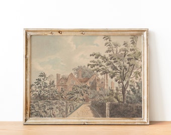 Vintage English Country Cottage Landscape Painting | Digital Print Wall Art Printable