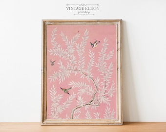 Pink Chinoiserie Art Print / Vintage Flower Botanical Painting / Chinese Art / Bird Art /  Nursery Wall Decor / Asian Art DIGITAL PRINT