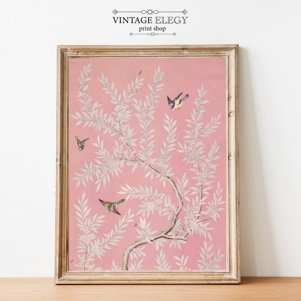 Pink Chinoiserie Art Print / Vintage Flower Botanical Painting / Chinese Art / Bird Art /  Nursery Wall Decor / Asian Art DIGITAL PRINT