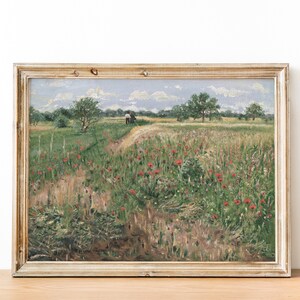 Vintage French Country Cottage Landscape Poppy Wildflower Garden Painting | French Antique Farmhouse Painting | DIGITAL PRINT